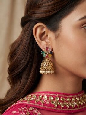 Gold Tone Navratna Jhumka Earrings | Multicolor Enamel Floral  Indian Jewelry